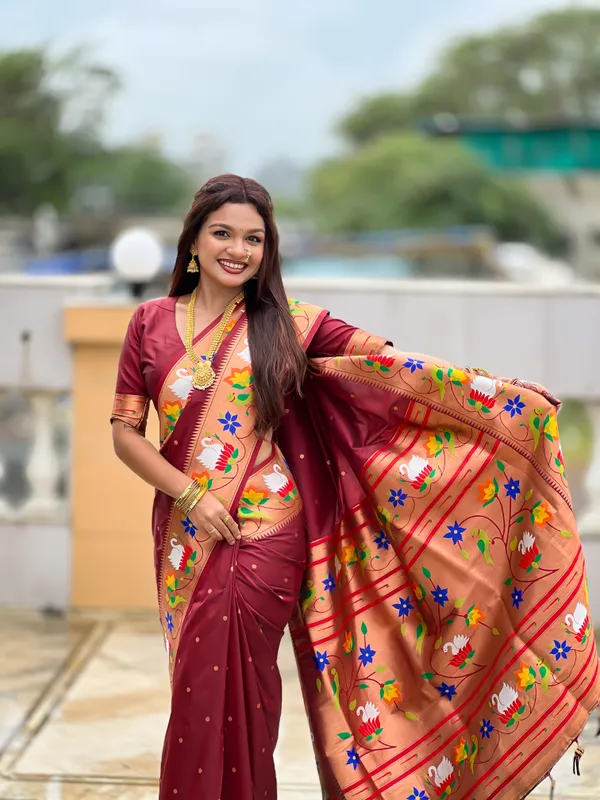 Maroon_Soft_Pethani_Silk_Saree_With_Zari_Weaving_Motifs_Design_And_Meenakari_Weaving_Rich_Pallu_With_Meenakari_Weaving_Border_And_Tassels_Attached_At_Pallu_End_Blouse_For_Women