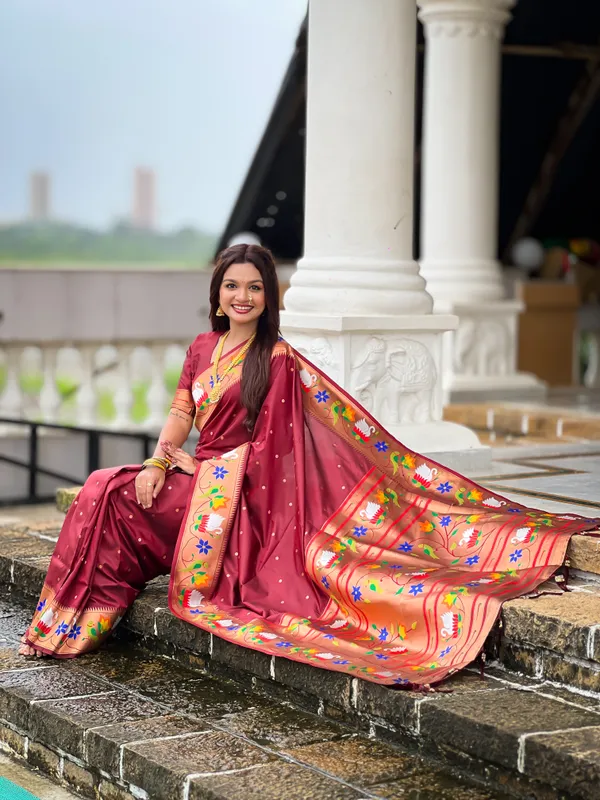 Maroon_Soft_Pethani_Silk_Saree_With_Zari_Weaving_Motifs_Design_And_Meenakari_Weaving_Rich_Pallu_With_Meenakari_Weaving_Border_And_Tassels_Attached_At_Pallu_End_Blouse_For_Women