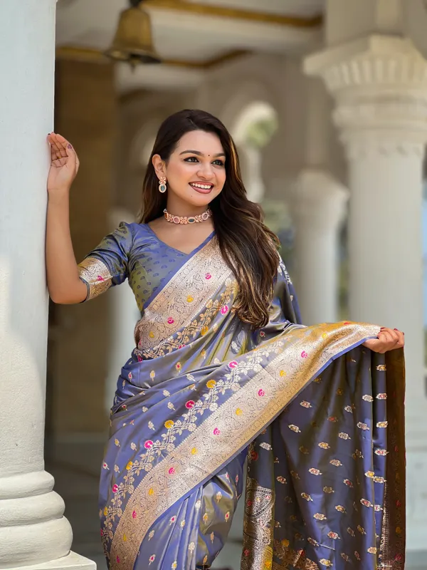 Grey_Soft_Banarasi_Silk_Saree_With_Zari_Weaving_Meenakari_Touchup_Design_All_Over_The_Saree_And_Meenakari_Weaving_Rich_Pallu_For_Women