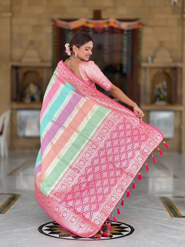 Rani_Pink_Soft_Silk_Saree_With_Zari_Weaving_Meenakari_Design_All_Over_The_Saree_And_Zari_Weaving_Contrast_Rich_Pallu_With_Cotrast_Weaving_Border_And_Tassels_Attached_At_Pallu_End_Blouse_For_Women