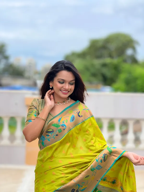 Pista_Soft_Pethani_Silk_Saree_With_Zari_Weaving_Meenakari_Motifs_Design_And_Meenakari_Weaving_Rich_Pallu_With_Meenakari_Weaving_Border_And_Tassels_Attached_At_Pallu_End_Blouse_For_Women