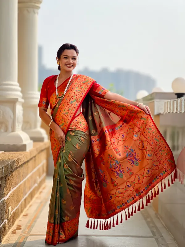 Mehendi_Soft_Pethani_Silk_Saree_With_Zari_Weaving_Motifs_Design_And_Meenakari_Weaving_Rich_Pallu_With_Meenakari_Weaving_Border_And_Tassels_Attached_At_Pallu_End_Blouse_For_Women