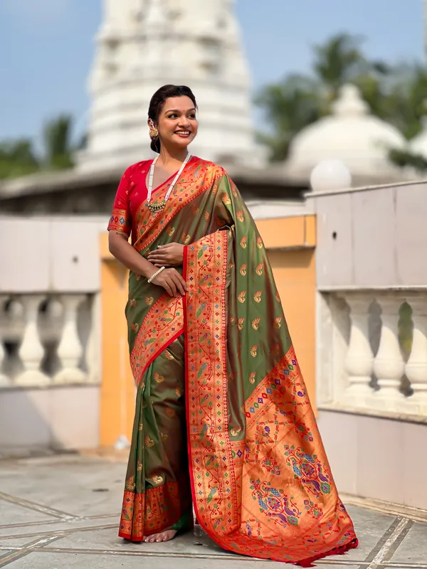 Mehendi_Soft_Pethani_Silk_Saree_With_Zari_Weaving_Motifs_Design_And_Meenakari_Weaving_Rich_Pallu_With_Meenakari_Weaving_Border_And_Tassels_Attached_At_Pallu_End_Blouse_For_Women