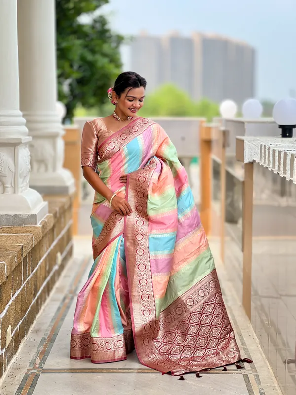 Maroon_Soft_Silk_Saree_With_Zari_Weaving_Meenakari_Design_All_Over_The_Saree_And_Zari_Weaving_Contrast_Rich_Pallu_With_Cotrast_Weaving_Border_And_Tassels_Attached_At_Pallu_End_Blouse_For_Women