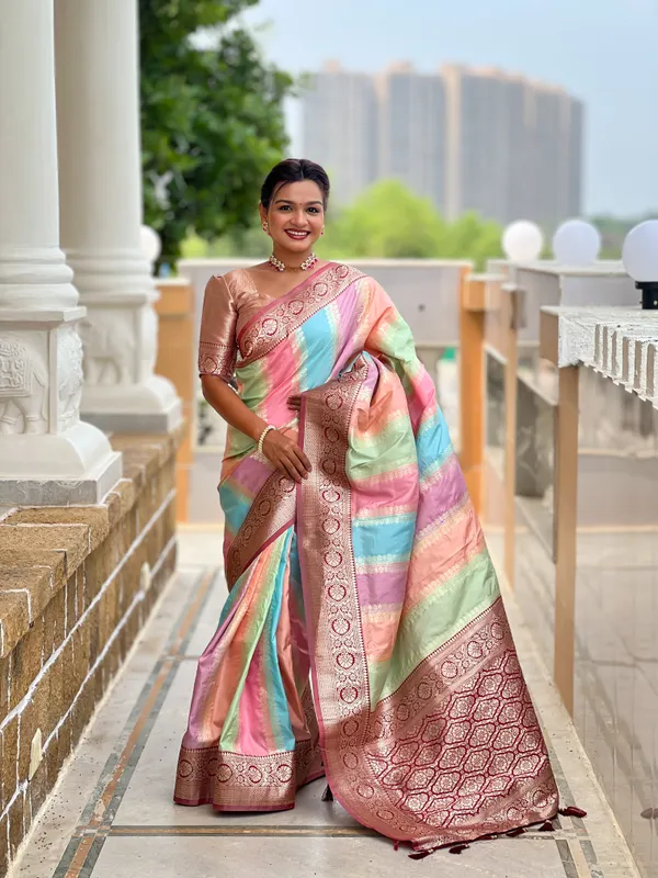 Maroon_Soft_Silk_Saree_With_Zari_Weaving_Meenakari_Design_All_Over_The_Saree_And_Zari_Weaving_Contrast_Rich_Pallu_With_Cotrast_Weaving_Border_And_Tassels_Attached_At_Pallu_End_Blouse_For_Women