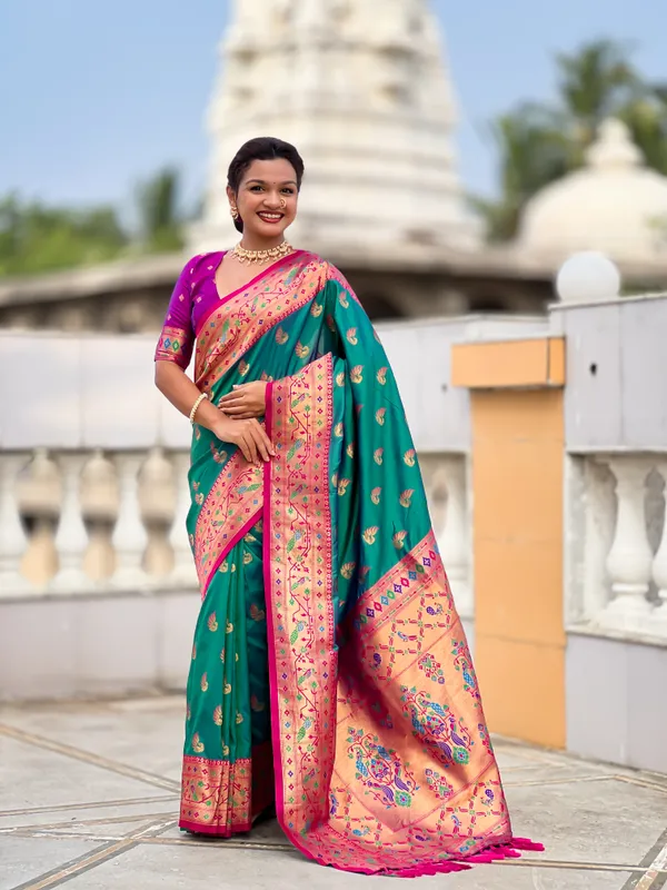 Rama_Soft_Pethani_Silk_Saree_With_Zari_Weaving_Motifs_Design_And_Meenakari_Weaving_Rich_Pallu_With_Meenakari_Weaving_Border_And_Tassels_Attached_At_Pallu_End_Blouse_For_Women