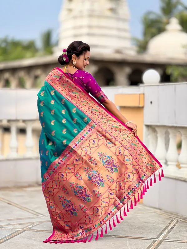 Rama_Soft_Pethani_Silk_Saree_With_Zari_Weaving_Motifs_Design_And_Meenakari_Weaving_Rich_Pallu_With_Meenakari_Weaving_Border_And_Tassels_Attached_At_Pallu_End_Blouse_For_Women