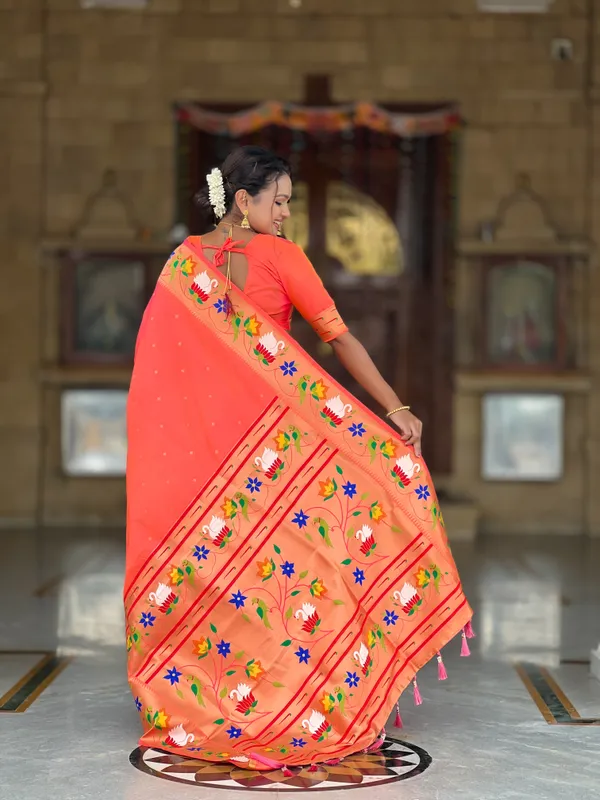 Orange_Soft_Pethani_Silk_Saree_With_Zari_Weaving_Motifs_Design_And_Meenakari_Weaving_Rich_Pallu_With_Meenakari_Weaving_Border_And_Tassels_Attached_At_Pallu_End_Blouse_For_Women