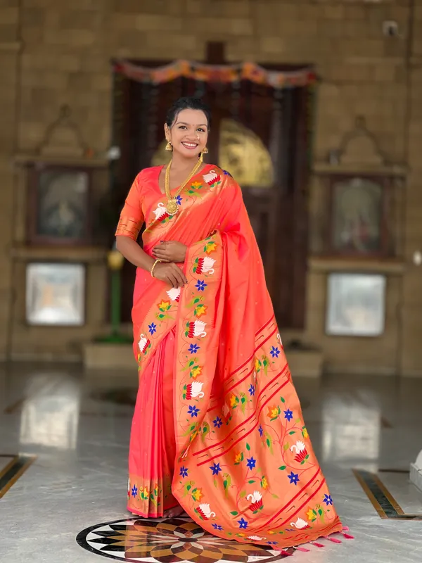 Orange_Soft_Pethani_Silk_Saree_With_Zari_Weaving_Motifs_Design_And_Meenakari_Weaving_Rich_Pallu_With_Meenakari_Weaving_Border_And_Tassels_Attached_At_Pallu_End_Blouse_For_Women
