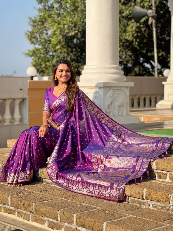 Purple_Soft_Banarasi_Silk_Saree_With_Zari_Weaving_Design_All_Over_The_Saree_And_Zari_Weaving_Rich_Pallu_With_Meenakari_Weaving_Border_And_Tassels_Attached_At_Pallu_End_Blouse_For_Women
