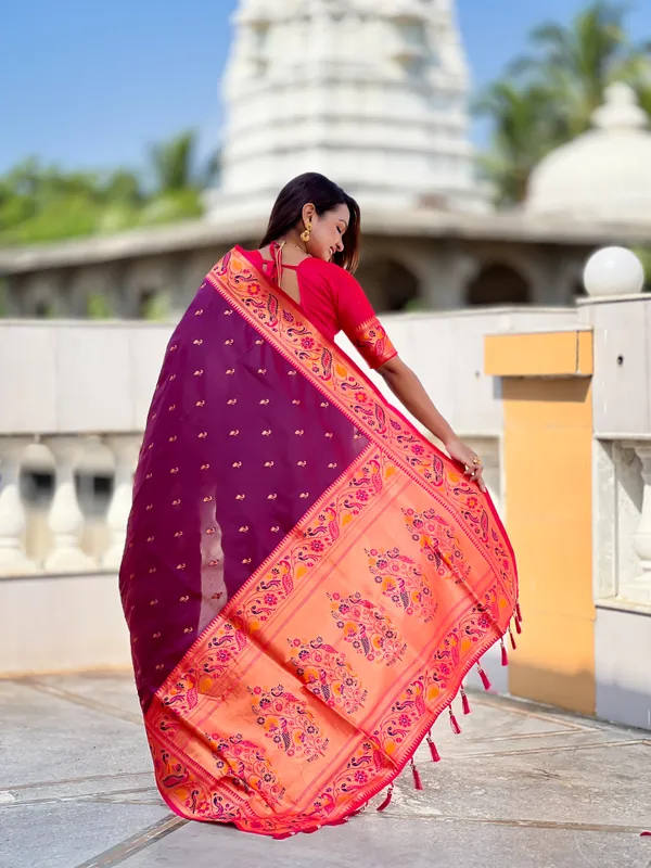 Wine_Soft_Pethani_Silk_Saree_With_Zari_Weaving_Motifs_Design_And_Meenakari_Weaving_Rich_Pallu_With_Meenakari_Weaving_Border_And_Tassels_Attached_At_Pallu_End_Blouse_For_Women