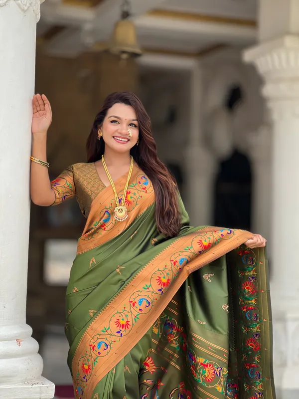 Mehndi_Soft_Pethani_Silk_Saree_With_Zari_Weaving_Meenakari_Motifs_Design_And_Meenakari_Weaving_Rich_Pallu_With_Meenakari_Weaving_Border_And_Tassels_Attached_At_Pallu_End_Blouse_For_Women