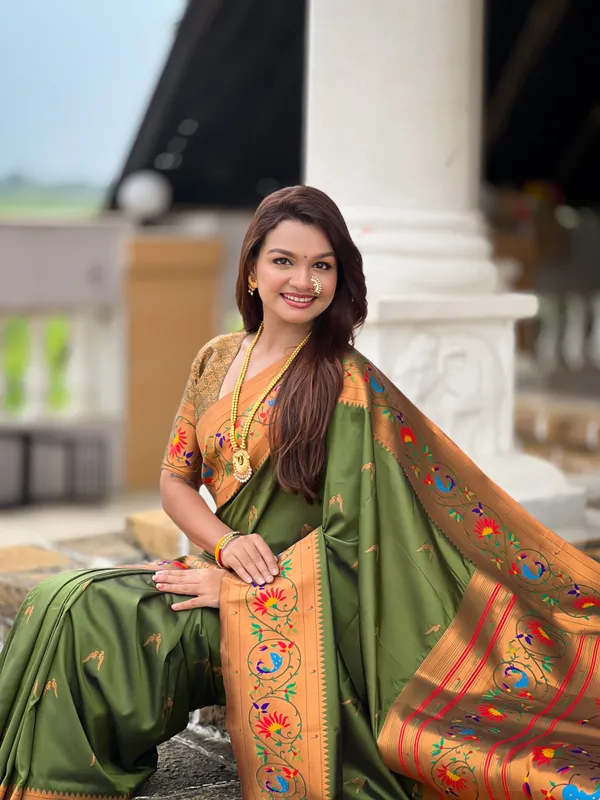Mehndi_Soft_Pethani_Silk_Saree_With_Zari_Weaving_Meenakari_Motifs_Design_And_Meenakari_Weaving_Rich_Pallu_With_Meenakari_Weaving_Border_And_Tassels_Attached_At_Pallu_End_Blouse_For_Women