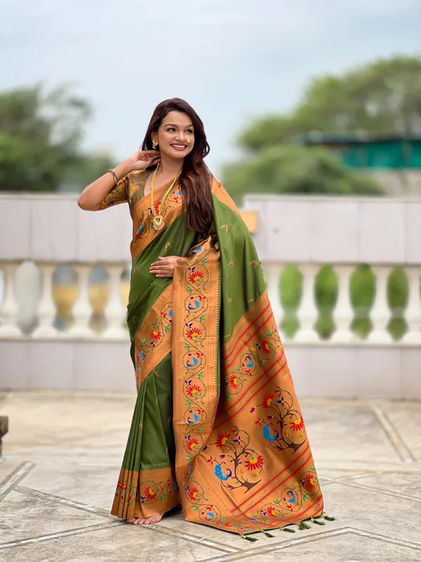 Mehndi_Soft_Pethani_Silk_Saree_With_Zari_Weaving_Meenakari_Motifs_Design_And_Meenakari_Weaving_Rich_Pallu_With_Meenakari_Weaving_Border_And_Tassels_Attached_At_Pallu_End_Blouse_For_Women