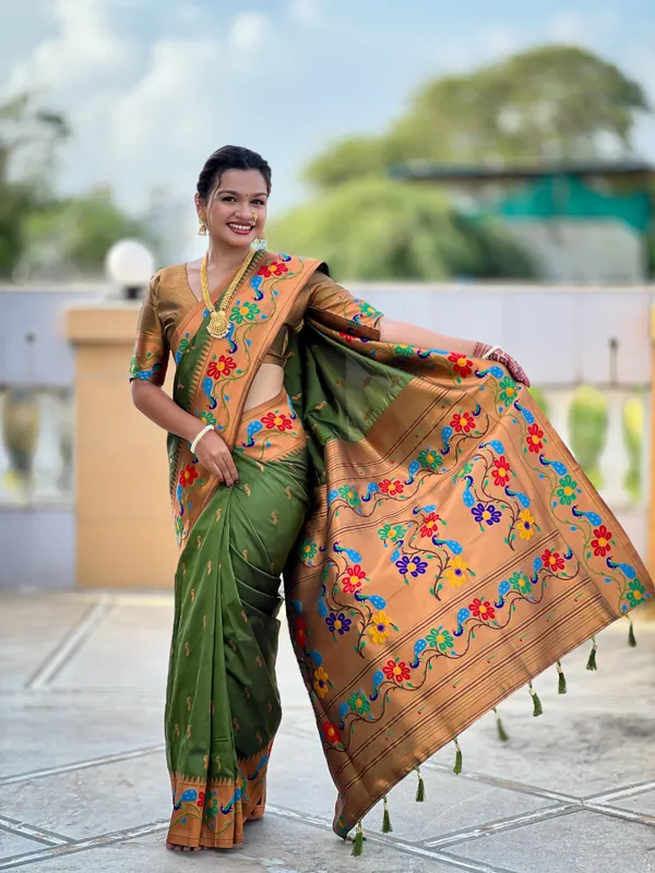 Mehndi_Soft_Paithani_Silk_Saree_With_Zari_Weaving_Meenakari_Motifs_Design_And_Meenakari_Weaving_Rich_Pallu_With_Meenakari_Weaving_Border_And_Tassels_Attached_At_Pallu_And_Blouse_For_Women