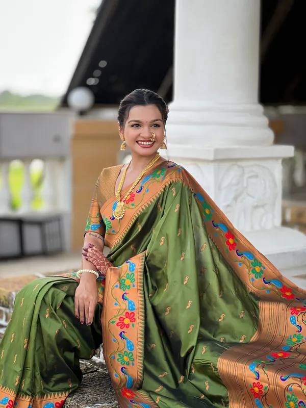 Mehndi_Soft_Paithani_Silk_Saree_With_Zari_Weaving_Meenakari_Motifs_Design_And_Meenakari_Weaving_Rich_Pallu_With_Meenakari_Weaving_Border_And_Tassels_Attached_At_Pallu_And_Blouse_For_Women