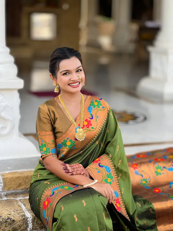 Mehndi_Soft_Paithani_Silk_Saree_With_Zari_Weaving_Meenakari_Motifs_Design_And_Meenakari_Weaving_Rich_Pallu_With_Meenakari_Weaving_Border_And_Tassels_Attached_At_Pallu_And_Blouse_For_Women