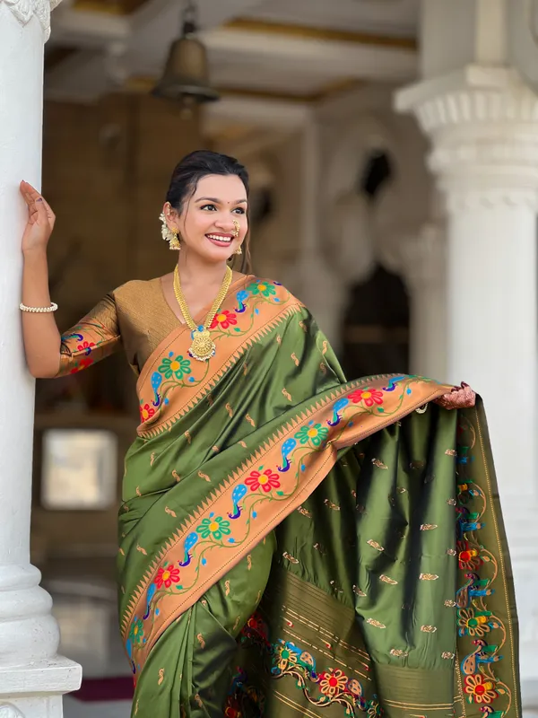 Mehndi_Soft_Paithani_Silk_Saree_With_Zari_Weaving_Meenakari_Motifs_Design_And_Meenakari_Weaving_Rich_Pallu_With_Meenakari_Weaving_Border_And_Tassels_Attached_At_Pallu_And_Blouse_For_Women