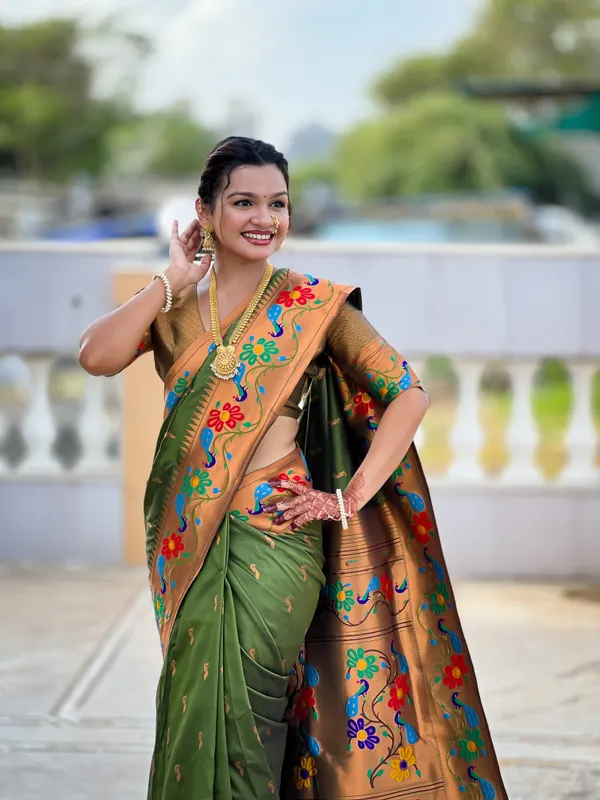 Mehndi_Soft_Paithani_Silk_Saree_With_Zari_Weaving_Meenakari_Motifs_Design_And_Meenakari_Weaving_Rich_Pallu_With_Meenakari_Weaving_Border_And_Tassels_Attached_At_Pallu_And_Blouse_For_Women