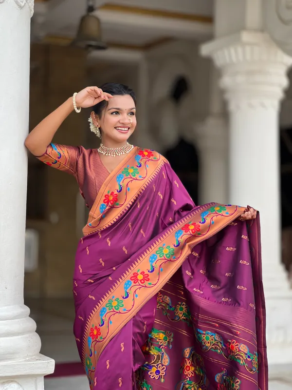 Wine_Soft_Paithani_Silk_Saree_With_Zari_Weaving_Meenakari_Motifs_Design_And_Meenakari_Weaving_Rich_Pallu_With_Meenakari_Weaving_Border_And_Tassels_Attached_At_Pallu_And_Blouse_For_Women