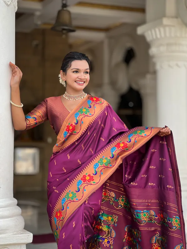 Wine_Soft_Paithani_Silk_Saree_With_Zari_Weaving_Meenakari_Motifs_Design_And_Meenakari_Weaving_Rich_Pallu_With_Meenakari_Weaving_Border_And_Tassels_Attached_At_Pallu_And_Blouse_For_Women