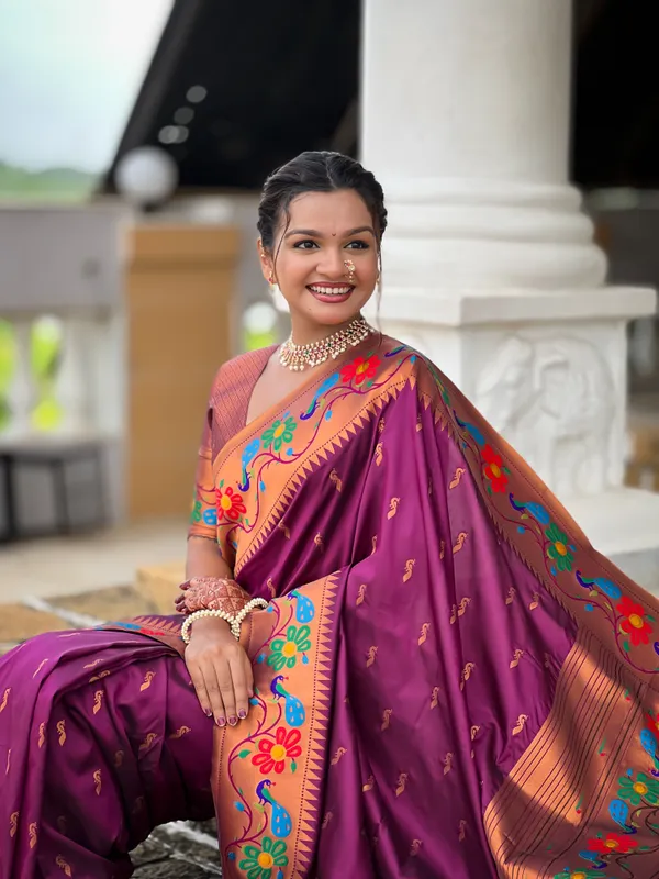 Wine_Soft_Paithani_Silk_Saree_With_Zari_Weaving_Meenakari_Motifs_Design_And_Meenakari_Weaving_Rich_Pallu_With_Meenakari_Weaving_Border_And_Tassels_Attached_At_Pallu_And_Blouse_For_Women