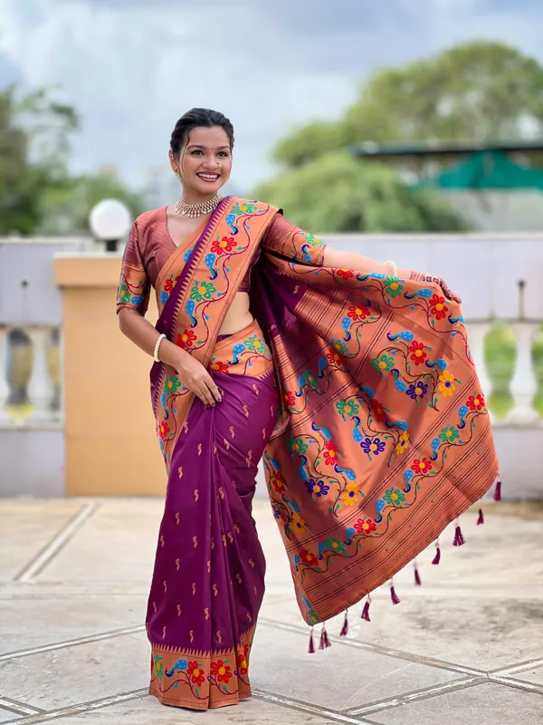 Wine_Soft_Paithani_Silk_Saree_With_Zari_Weaving_Meenakari_Motifs_Design_And_Meenakari_Weaving_Rich_Pallu_With_Meenakari_Weaving_Border_And_Tassels_Attached_At_Pallu_And_Blouse_For_Women