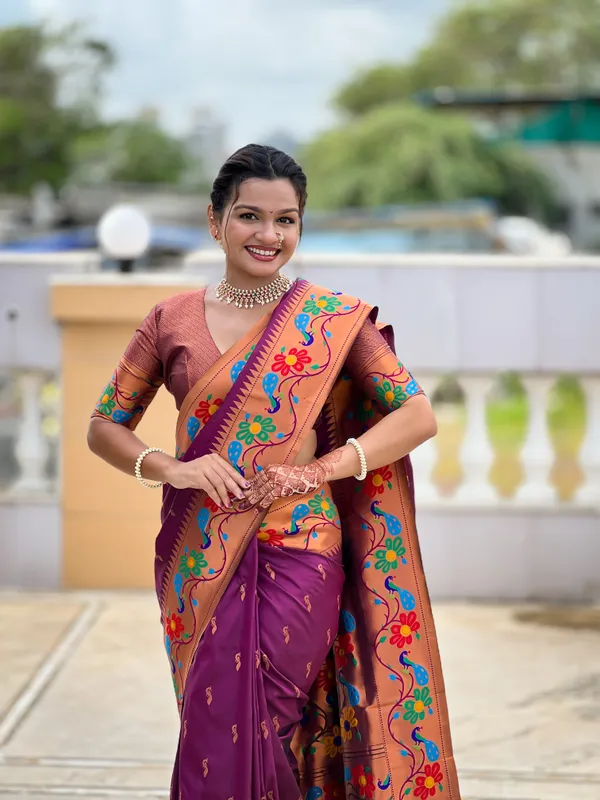 Wine_Soft_Paithani_Silk_Saree_With_Zari_Weaving_Meenakari_Motifs_Design_And_Meenakari_Weaving_Rich_Pallu_With_Meenakari_Weaving_Border_And_Tassels_Attached_At_Pallu_And_Blouse_For_Women