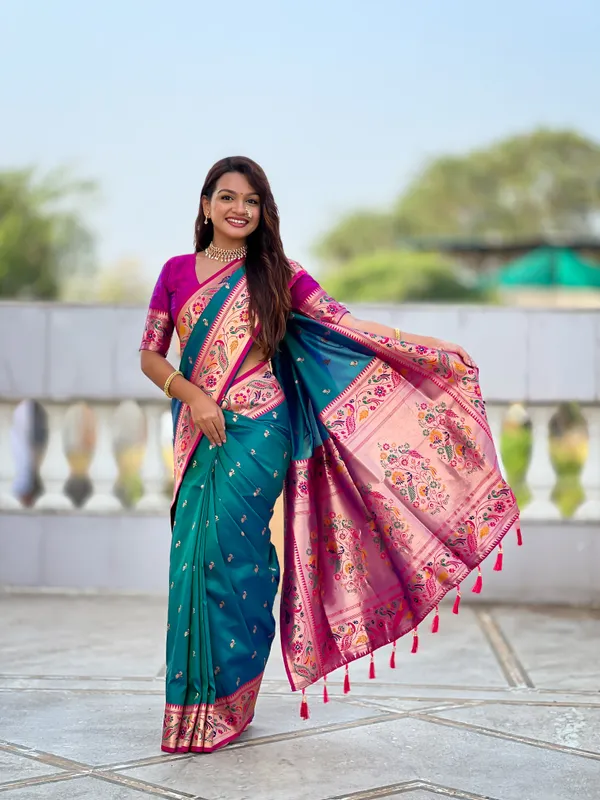 Aqua_Rama_Soft_Pethani_Silk_Saree_With_Zari_Weaving_Motifs_Design_And_Meenakari_Weaving_Rich_Pallu_With_Meenakari_Weaving_Border_And_Tassels_Attached_At_Pallu_End_Blouse_For_Women