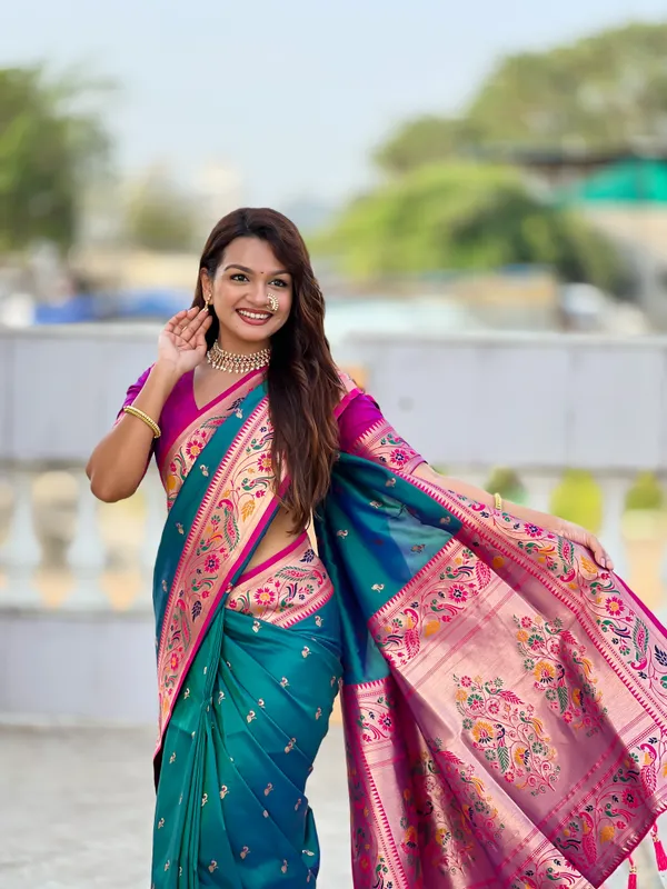 Aqua_Rama_Soft_Pethani_Silk_Saree_With_Zari_Weaving_Motifs_Design_And_Meenakari_Weaving_Rich_Pallu_With_Meenakari_Weaving_Border_And_Tassels_Attached_At_Pallu_End_Blouse_For_Women