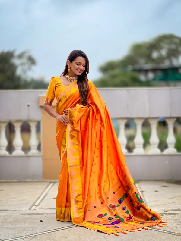 Orange_Soft_Pethani_Silk_Saree_With_Zari_Weaving_Motifs_Design_And_Meenakari_Weaving_Rich_Pallu_With_Temple_Weaving_Border_And_Tassels_Attached_At_Pallu_End_Blouse_For_Women