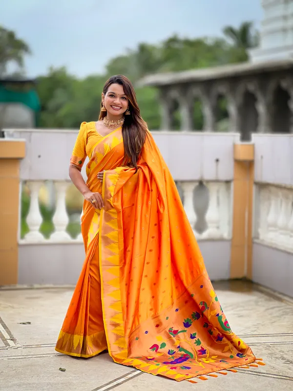 Orange_Soft_Pethani_Silk_Saree_With_Zari_Weaving_Motifs_Design_And_Meenakari_Weaving_Rich_Pallu_With_Temple_Weaving_Border_And_Tassels_Attached_At_Pallu_End_Blouse_For_Women