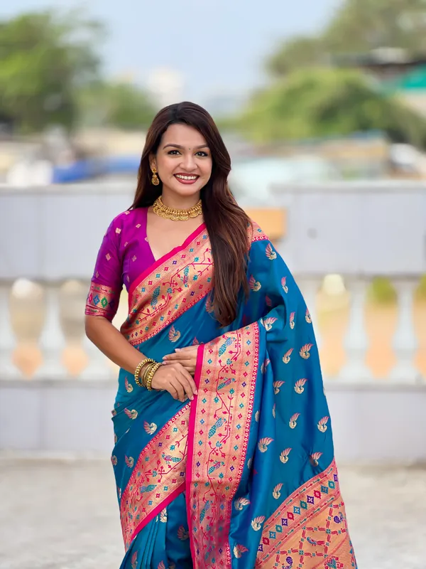 Firozi_Soft_Pethani_Silk_Saree_With_Zari_Weaving_Motifs_Design_And_Meenakari_Weaving_Rich_Pallu_With_Meenakari_Weaving_Border_And_Tassels_Attached_At_Pallu_End_Blouse_For_Women
