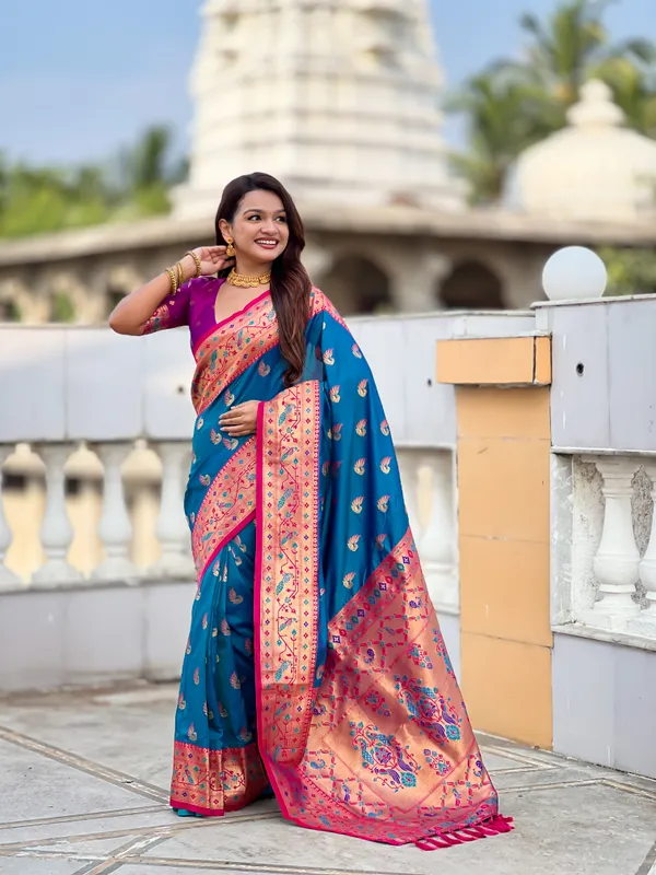Firozi_Soft_Pethani_Silk_Saree_With_Zari_Weaving_Motifs_Design_And_Meenakari_Weaving_Rich_Pallu_With_Meenakari_Weaving_Border_And_Tassels_Attached_At_Pallu_End_Blouse_For_Women