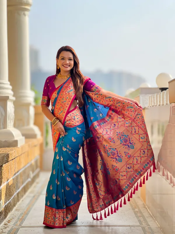Firozi_Soft_Pethani_Silk_Saree_With_Zari_Weaving_Motifs_Design_And_Meenakari_Weaving_Rich_Pallu_With_Meenakari_Weaving_Border_And_Tassels_Attached_At_Pallu_End_Blouse_For_Women