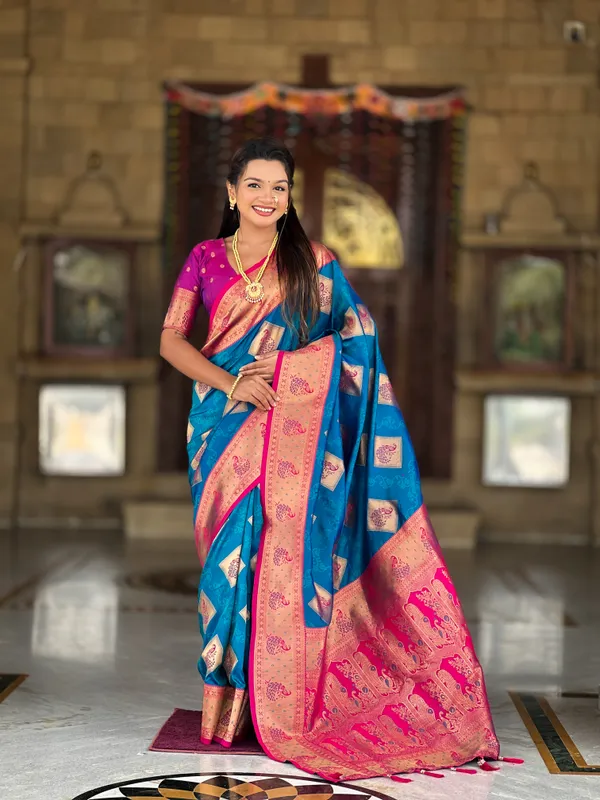 Firozi_Soft_Banarasi_Silk_Saree_With_Zari_Weaving_Meenakari_Design_All_Over_The_Saree_And_Contrast_Weaving_Rich_Pallu_With_Contrast_Weaving_Border_And_Tassels_Attached_At_Pallu_And_Blouse_For_Women