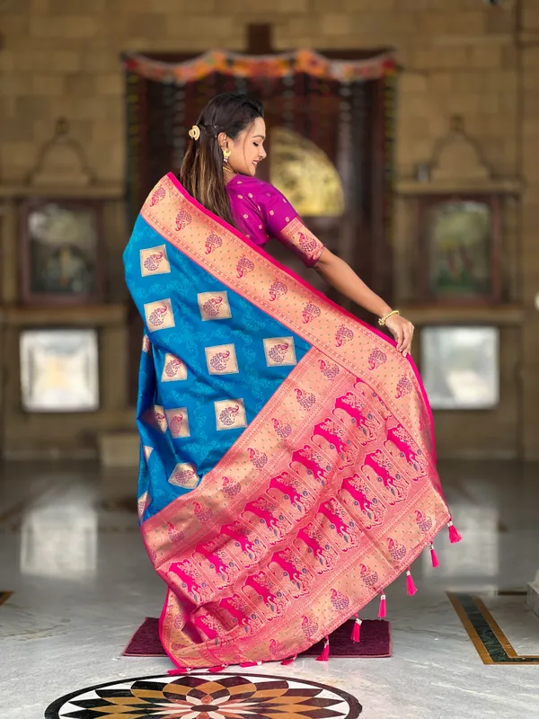 Firozi_Soft_Banarasi_Silk_Saree_With_Zari_Weaving_Meenakari_Design_All_Over_The_Saree_And_Contrast_Weaving_Rich_Pallu_With_Contrast_Weaving_Border_And_Tassels_Attached_At_Pallu_And_Blouse_For_Women