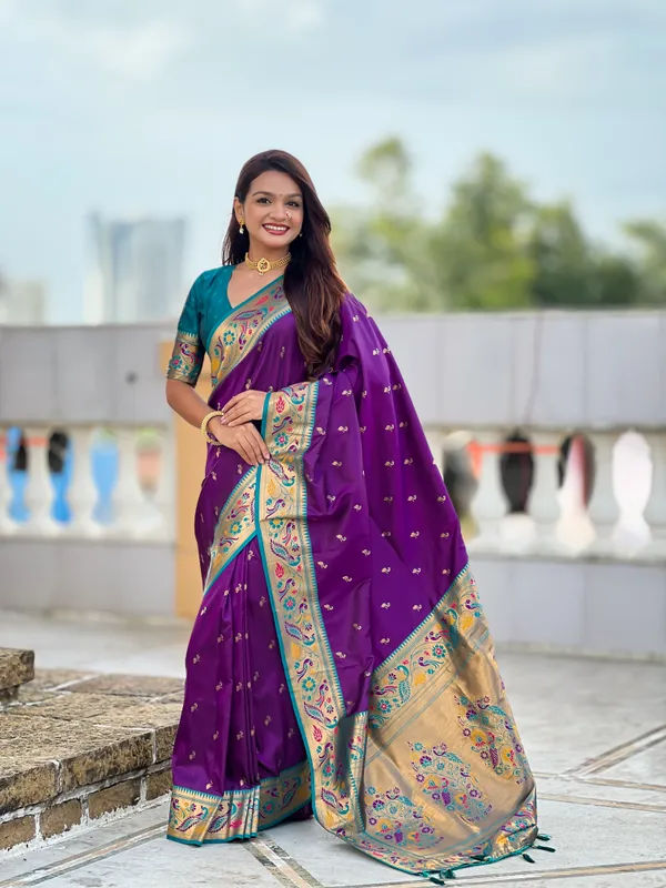 Violet_Soft_Pethani_Silk_Saree_With_Zari_Weaving_Motifs_Design_And_Meenakari_Weaving_Rich_Pallu_With_Meenakari_Weaving_Border_And_Tassels_Attached_At_Pallu_End_Blouse_For_Women