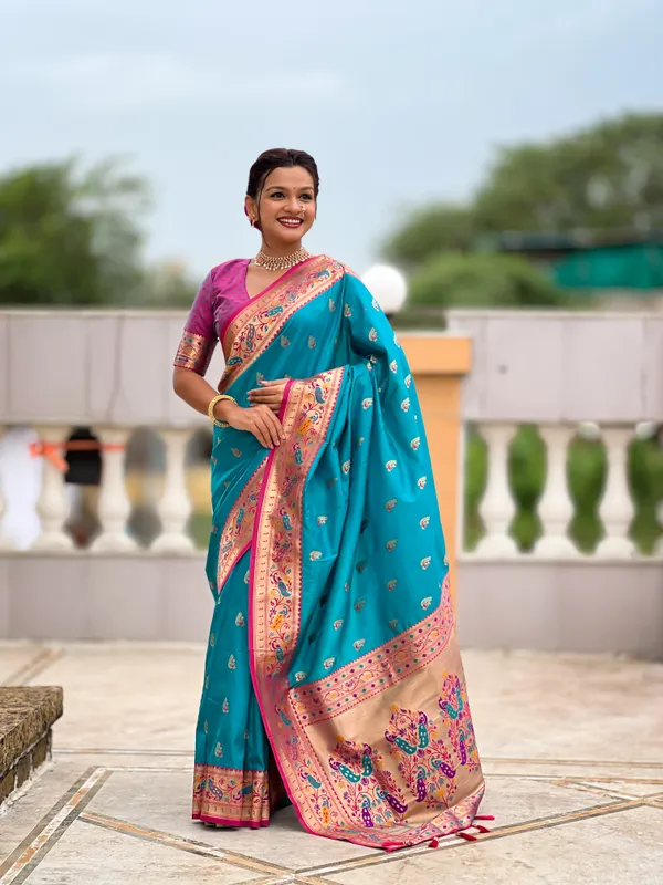 Firozi_Soft_Pethani_Silk_Saree_With_Zari_Weaving_Motifs_Design_And_Meenakari_Weaving_Rich_Pallu_With_Meenakari_Weaving_Border_And_Tassels_Attached_At_Pallu_End_Blouse_For_Women
