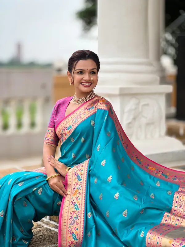 Firozi_Soft_Pethani_Silk_Saree_With_Zari_Weaving_Motifs_Design_And_Meenakari_Weaving_Rich_Pallu_With_Meenakari_Weaving_Border_And_Tassels_Attached_At_Pallu_End_Blouse_For_Women