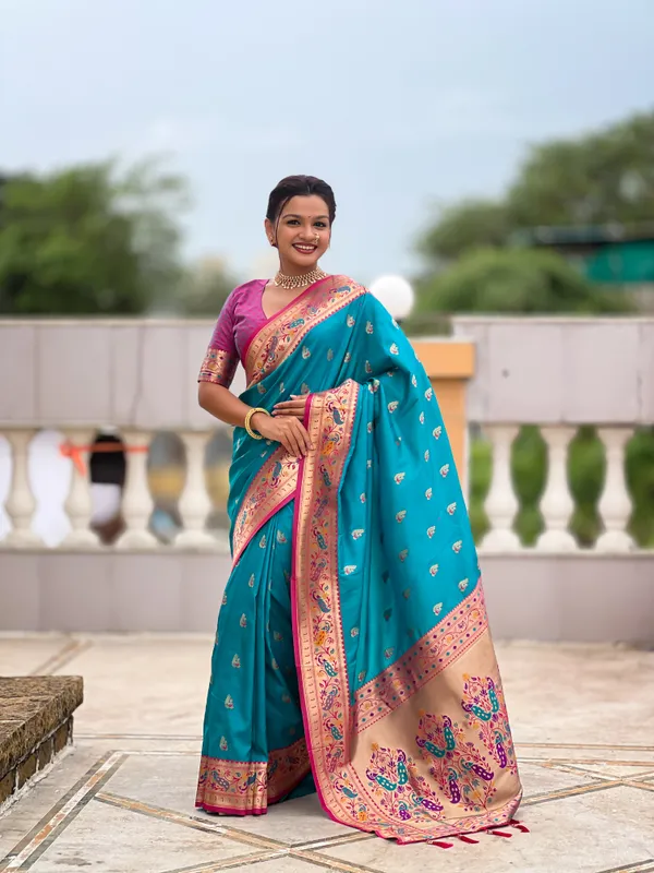 Firozi_Soft_Pethani_Silk_Saree_With_Zari_Weaving_Motifs_Design_And_Meenakari_Weaving_Rich_Pallu_With_Meenakari_Weaving_Border_And_Tassels_Attached_At_Pallu_End_Blouse_For_Women
