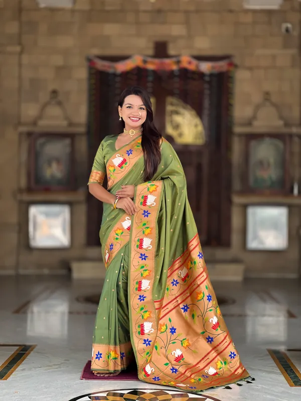 Mehndi_Soft_Pethani_Silk_Saree_With_Zari_Weaving_Motifs_Design_And_Meenakari_Weaving_Rich_Pallu_With_Meenakari_Weaving_Border_And_Tassels_Attached_At_Pallu_End_Blouse_For_Women