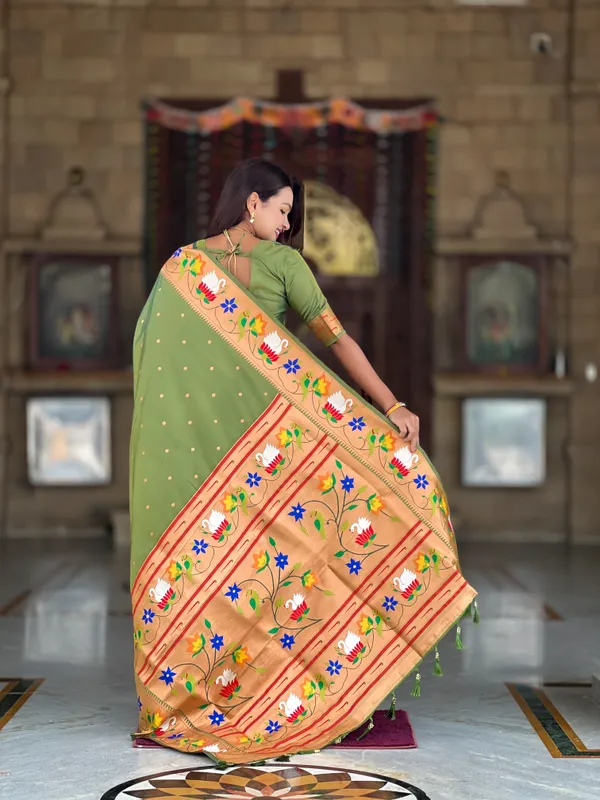 Mehndi_Soft_Pethani_Silk_Saree_With_Zari_Weaving_Motifs_Design_And_Meenakari_Weaving_Rich_Pallu_With_Meenakari_Weaving_Border_And_Tassels_Attached_At_Pallu_End_Blouse_For_Women