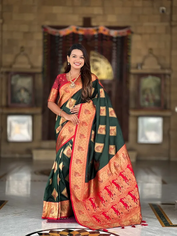 Green_Soft_Banarasi_Silk_Saree_With_Zari_Weaving_Meenakari_Design_All_Over_The_Saree_And_Contrast_Weaving_Rich_Pallu_With_Contrast_Weaving_Border_And_Tassels_Attached_At_Pallu_And_Blouse_For_Women