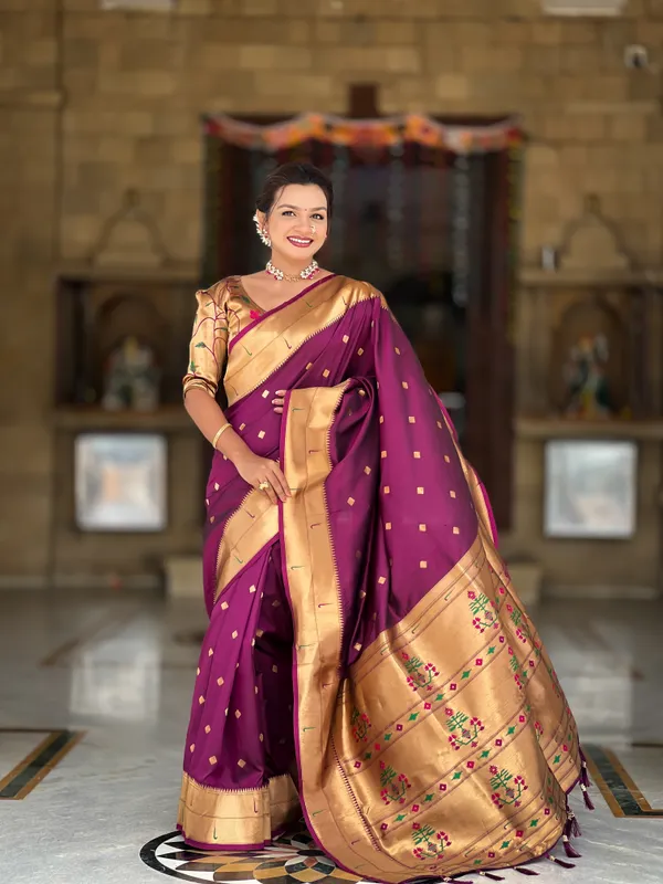 Wine_Soft_Pethani_Silk_Saree_With_Zari_Weaving_Motifs_Design_And_Meenakari_Weaving_Rich_Pallu_With_Meenakari_Weaving_Double_Munia_Border_And_Tassels_Attached_At_Pallu_End_Blouse_For_Women