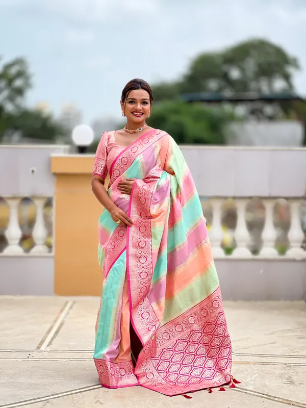 Rani_Pink_Soft_Silk_Saree_With_Zari_Weaving_Meenakari_Design_All_Over_The_Saree_And_Zari_Weaving_Contrast_Rich_Pallu_With_Cotrast_Weaving_Border_And_Tassels_Attached_At_Pallu_End_Blouse_For_Women