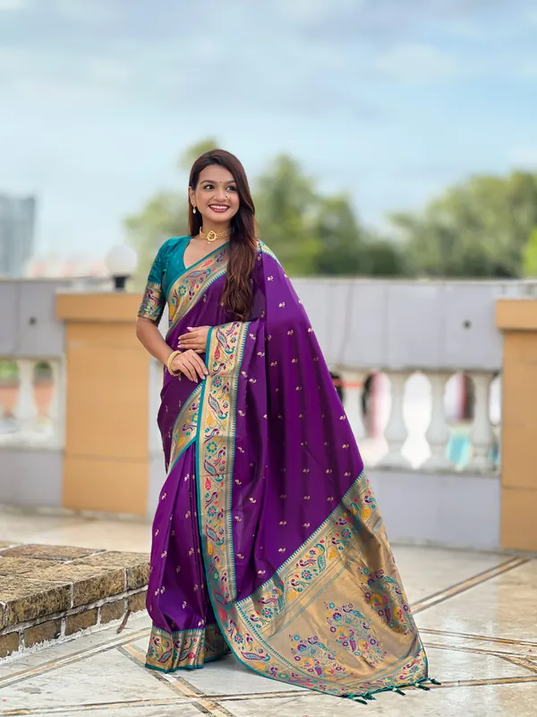 Violet_Soft_Pethani_Silk_Saree_With_Zari_Weaving_Motifs_Design_And_Meenakari_Weaving_Rich_Pallu_With_Meenakari_Weaving_Border_And_Tassels_Attached_At_Pallu_End_Blouse_For_Women