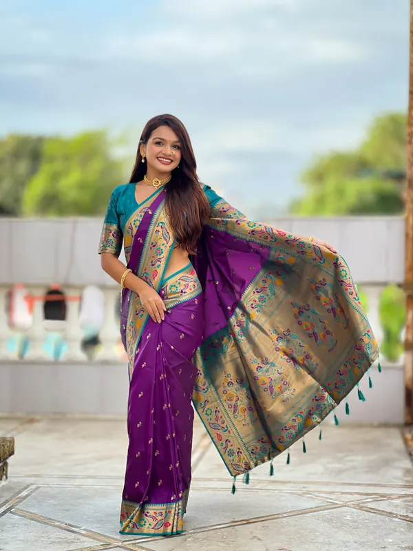 Violet_Soft_Pethani_Silk_Saree_With_Zari_Weaving_Motifs_Design_And_Meenakari_Weaving_Rich_Pallu_With_Meenakari_Weaving_Border_And_Tassels_Attached_At_Pallu_End_Blouse_For_Women