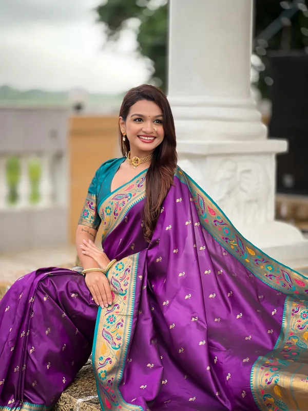 Violet_Soft_Pethani_Silk_Saree_With_Zari_Weaving_Motifs_Design_And_Meenakari_Weaving_Rich_Pallu_With_Meenakari_Weaving_Border_And_Tassels_Attached_At_Pallu_End_Blouse_For_Women