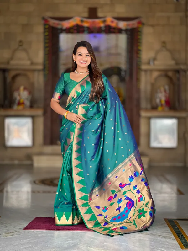 Rama_Soft_Pethani_Silk_Saree_With_Zari_Weaving_Motifs_Design_And_Meenakari_Weaving_Rich_Pallu_With_Temple_Weaving_Border_And_Tassels_Attached_At_Pallu_End_Blouse_For_Women